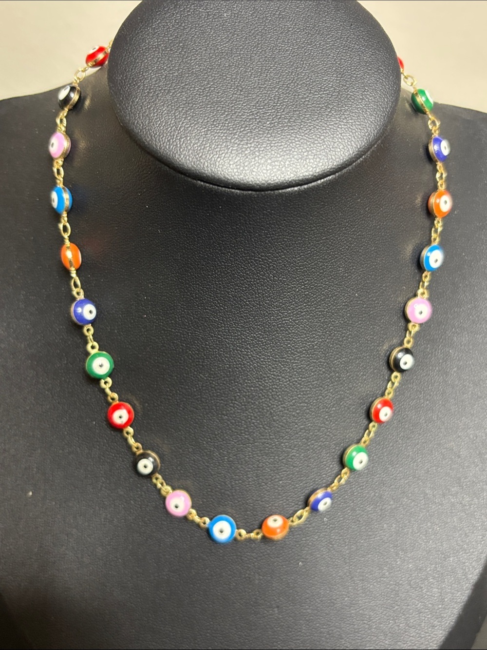 Dainty Multicolor Bead Evil Eye Necklace - Gold Tone Chain